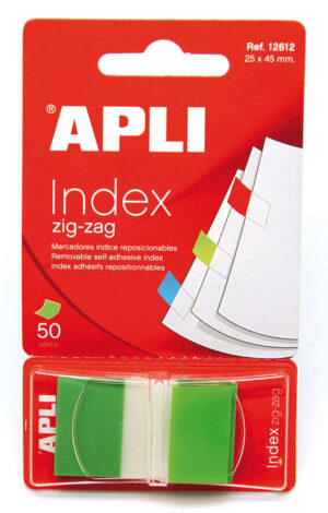 Apli Indices Adhesivos Film Zigzag 45x25mm - Dispensador de 50 Indices - Adhesivo de Calidad - Facil de Despegar - Diseño Zigzag - Verdes