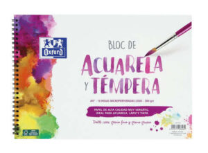 Oxford Bloc de Acuarela y Tempera Escolar Espiral Formato A4+ Liso - 10 Hojas Microperforadas 300gr Color natural - Papel de Doble Cara: Grano Grueso y Grano Fino
