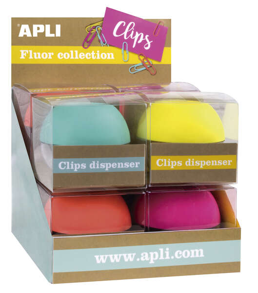 Apli Fluor Collection Expositor de Clips - Ø 70x60 mm - 8 Dispensadores en 4 Colores - Tapa Magnetica "Soft Touch" - Incluye 50 Clips