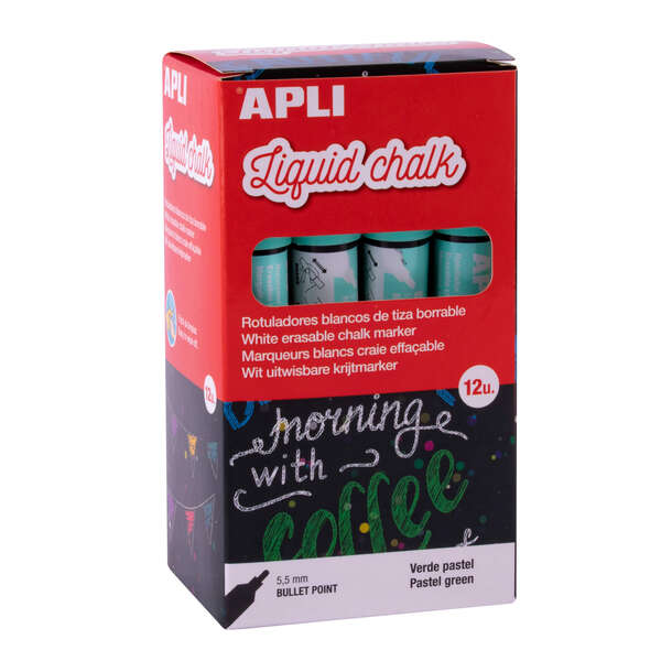Apli Pack de 12 Rotuladores de Tiza Liquida - Punta Redonda - Ideal para Pizarras, Plastico, Vinilos, Metal, Etc - Facil de Borrar - Secado Rapido - Color Verde Pastel