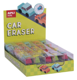 Apli Gomas de Borrar Coche - Expositor con 20 Unidades en 4 Modelos Surtidos - Forma de Coche Que Sirve para Borrar y Jugar - Modelos de Coche, Camion y Dos Excavadoras en Diferentes Colores