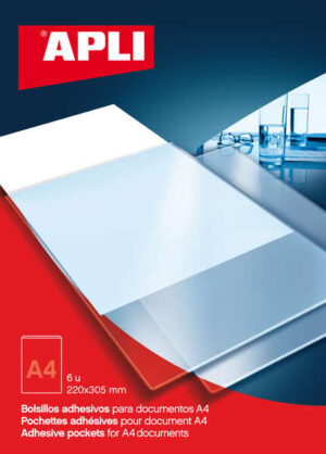 Apli Bolsillos Adhesivos A4 - Bolsa con 6 Bolsillos - Ideal para Carpesanos, Carpetas y Libros - Añade Un Bolsillo Adicional para Documentos e Imagenes