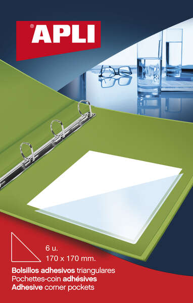 Apli Bolsillos Adhesivos Triangulares - Tamaño 170 x 170mm - Ideal para Incorporar a Carpesanos, Carpetas, Libros, Etc - 6 Bolsillos por Bolsa