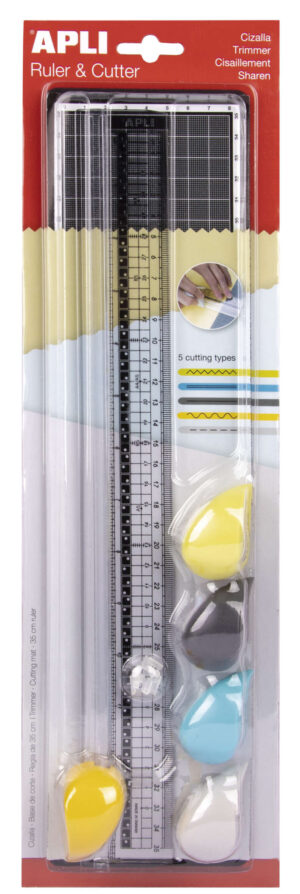 Apli Cizalla de Corte - Regla de 35cm - Tabla de Corte de 10x38cm - 5 Cizallas con Agarre Ergonomico y Diferentes Tipos de Corte