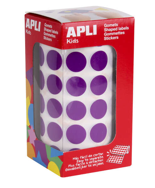 Apli Gomets Redondos Lila Ø 15mm - 59 Hojas Pretroqueladas - 2832 Gomets por Rollo - Adhesivo Base Agua - Normas EN-71 y FSC - Desarrollo de Psicomotricidad Fina