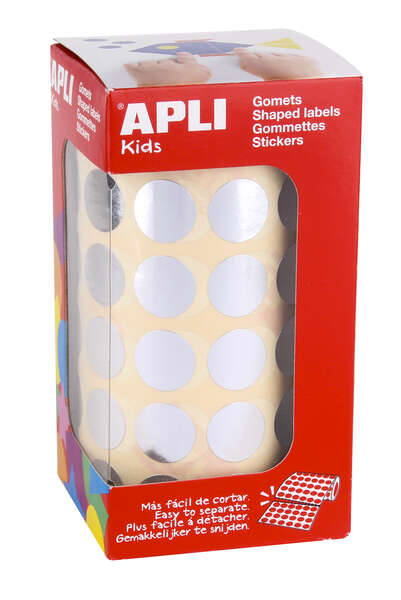 Apli Gomets Redondos Plata Metalizado Ø 15mm - 59 Hojas Pretroqueladas - 2832 Gomets por Rollo - Desarrolla Psicomotricidad Fina