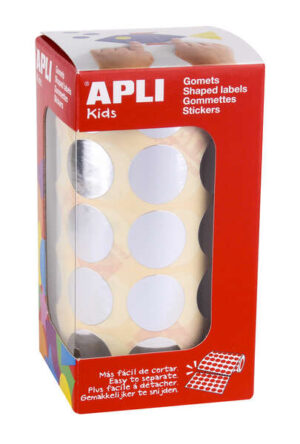 Apli Gomets Redondos Plata Metalizado Ø 20mm - 59 Hojas Pretroqueladas - 1770 Gomets por Rollo - Ideal para Escuelas y Talleres Infantiles - Cumple Normas EN-71 y FSC