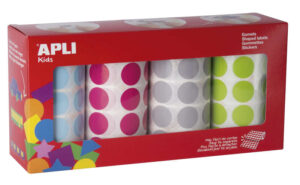 Apli Pack de 4 Rollos de Gomets Redondos Ø 20mm - 1770 Gomets por Rollo - Adhesivo Permanente - 7080 Gomets en Total - Ideales para Escuelas Infantiles - Colores Azul Claro, Fucsia, Gris y Verde Claro