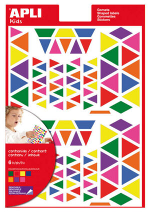 Apli Gomets Triangulares Removibles - Tamaños Surtidos - 648 Gomets por Bolsa - Desarrollo de Habilidades y Creatividad - Colores: Verde, Naranja, Rosa, Azul, Rojo, Lila y Amarillo