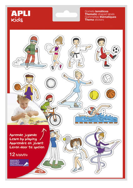 Apli Bolsa de Gomets Tematicos Deportes - 204 Gomets en 12 Hojas - Ilustraciones Divertidas para Enriquecer Vocabulario y Habilidades Motoras - Adhesivo Removible - Adhesivo Base Agua - Libre de Disolventes - Colorido