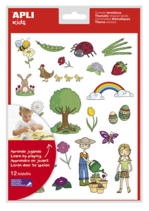 Apli Gomets Tematicos la Primavera - 264 Gomets en 12 Hojas - Ilustraciones Educativas - Adhesivo Removible - Formato Escolar - Adhesivo Base Agua - Libre de Disolventes - Colorido