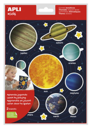 Apli Bolsa de Gomets Tematicos Sistema Solar - 40 Gomets en 2 Hojas - Adhesivo Removible - Ayuda Al Aprendizaje Visual y Motor - Cumple Normas EN-71 y FSC - 100% Reciclable - Colorido
