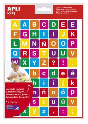 Apli Gomets Tematicos Letras - 12 Hojas (840 Gomets) - Adhesivo Removible - Ideal para Aprendizaje de Lectura y Escritura - Adhesivo Base Agua - Libre de Disolventes - Color Variado