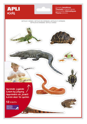 Apli Gomets Tematicos Realistas de Reptiles y Anfibios - 120 Gomets - Imagenes Realistas para Relacionar Animales - Adhesivo Removible - Ideal para Escuelas - Reciclables - Coloridos