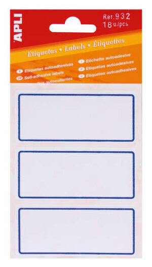 Apli Etiquetas Adhesivas Escolares Basicas - Tamaño 78x34mm - 6 Hojas (18 Etiquetas) - Adhesivo Permanente de Alta Calidad - Color Blanco con Ribete Azul