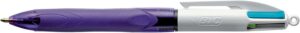 Bic 4 Colours Grip Fashion Boligrafo Retractil con Grip - Punta Media de 1mm - Trazo de 0.4mm - Tinta con Base de Aceite - Cuerpo Blanco/Morado Transparente - Colores Tinta Violeta, Rosa, Azul y Verde