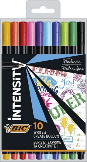 Bic Intensity Fine Pack de 10 Rotuladores - Punta Fina de 0.8mm - Trazo de 0.4mm - Tinta con Base de Agua - Colores Surtidos