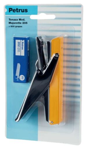 Petrus 205 Mini Majorette Grapadora de Tenaza + 1 Caja 600 Grapas - Hasta 10 Hojas - Grapado Cerrado - Colores Surtidos