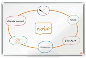 Nobo Premium Plus Pizarra Magnetica de Acero Lacado 900x600mm - Montaje en Esquinas - Superficie de Borrado Facil - Color Blanco
