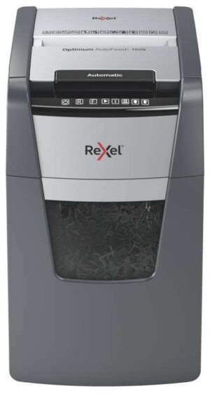 Rexel Optimum Autofeed 150X Destructora Automatica de Corte en Particulas P-4 - Autolimentacion de 150 Hojas, Manual de 8 Hojas - Papelera de 44L - Tecnologia Anti Atascos - Color Gris