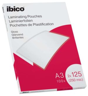 Ibico Caja de 100 Laminas de Plastificar Gloss A3 125 Micras  - Acabado Cristalino de Alto Brillo - Transparente