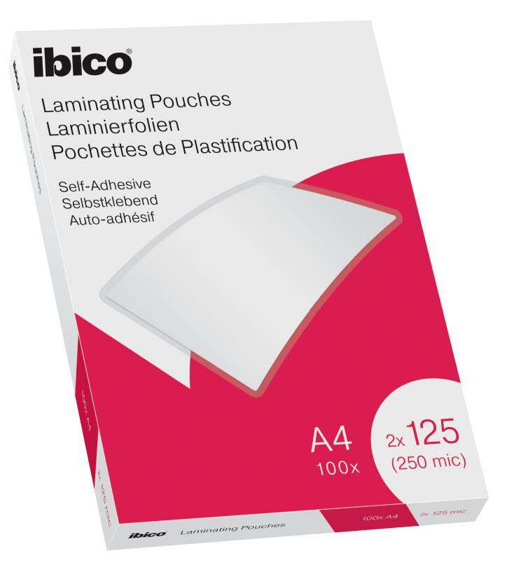 Ibico Caja de 100 Laminas de Plastificar Autoadhesivas A4 125 Micras - Acabado Cristalino de Alto Brillo - Plastifica Papel, Fotos, Tarjetas de Visita - Color Transparente