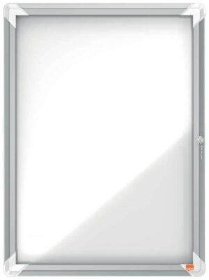 Nobo Vitrina para 4 Hojas A4 con Superficie Blanca Magnetica - 532x692x37mm - Puerta de Cristal de Seguridad - Marco de Aluminio - Color Blanco