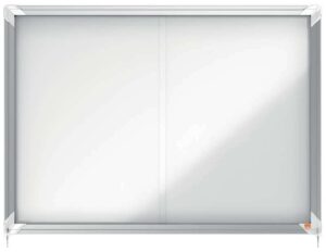 Nobo Vitrina Interior para 8 Hojas A4 con Superficie Magnetica y Puerta Deslizante - 689x972x54mm - Superficie Blanca Metalica y Magnetica de Borrado en Seco - Marco de Aluminio - Puertas de Cristal de Seguridad Deslizantes - Color Blanco