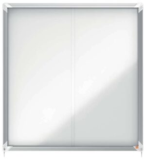 Nobo Vitrina Interior para 12 Hojas A4 con Superficie Magnetica y Puerta Deslizante - 997x972x54mm - Superficie Blanca Metalica y Magnetica de Borrado en Seco - Marco de Aluminio - Puertas de Cristal de Seguridad - Color Blanco