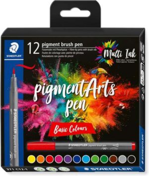 Staedtler 371 Pack de 12 Rotuladores Punta de Pincel Suave - Colores Vivos y Brillantes - No Amarillea con el Paso del Tiempo - Nueva Tinta Multi Ink - Pigmentos de Primera Calidad - Colores Surtidos
