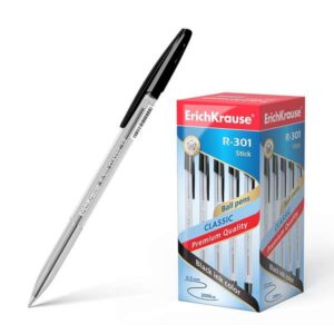 Erichkrause R-301 Boligrafo de Bola Punta 1.0mm - Trazo 0.5mm - Tinta de Secado Rapido - Cuerpo Transparente - Capuchon Ventilado - Color Negro