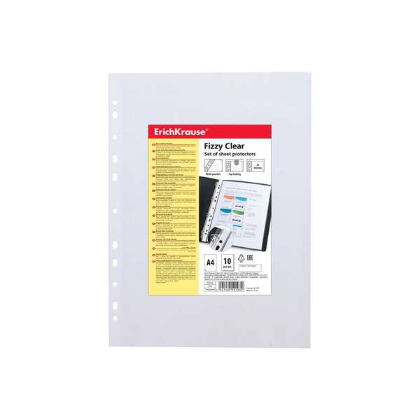 Erichkrause Fizzy Clear Pack de 10 Fundas Multitaladro A4 30mic - 11 Taladros - Acabado Rugoso - Transparente