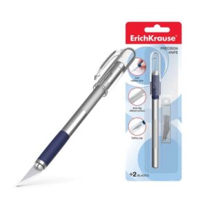 Erichkrause Cuchilla de Precision para Cortes de Papel - Cuerpo Metalico con Agarre de Goma - Cuchilla Segmentada de Acero - Resistente a la Corrosion - Incluye 2 Cuchillas de Repuesto