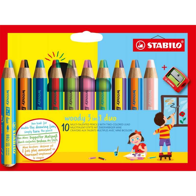 Stabilo Woody 3 en 1 Duo Pack de 10 Lapices de Colores + Sacapuntas - Mina 2 Colores XXL 10mm - Lapiz de Color, Cera Acuarela, Todo en Uno - Colores Surtidos