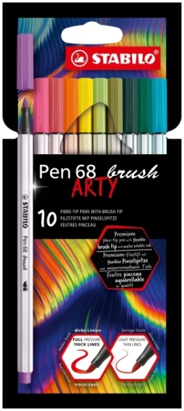 Stabilo Pen 68 Brush Arty Pack de 10 Rotuladores - Punta de Pincel - Tinta a Base de Agua - Colores Surtidos