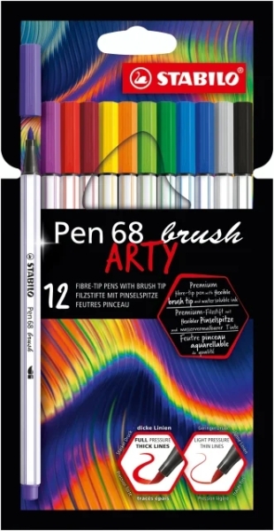 Stabilo Pen 68 Brush Arty Pack de 12 Rotuladores - Punta de Pincel - Tinta a Base de Agua - Colores Surtidos