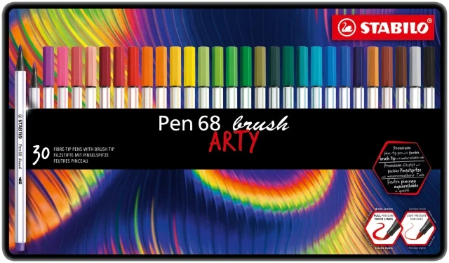 Stabilo Pen 68 Brush Arty Caja Metalica de 30 Rotuladores - Punta de Pincel - Tinta a Base de Agua - Colores Surtidos