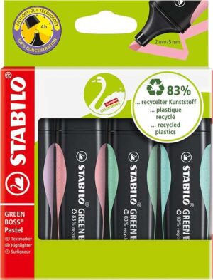 Stabilo Green Boss Pastel Pack de 4 Marcadores Fluorescentes - Fabricado con un 83% de Plastico Reciclado - Trazo entre 2 y 5mm - Recargable - Colores Surtidos Pastel
