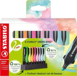 Stabilo Green Boss Set de Mesa de 8 Marcadores Fluorescentes - Fabricado con un 83% de Plastico Reciclado - Trazo entre 2 y 5mm - Recargable - Colores Surtidos