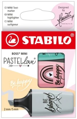 Stabilo Boss Mini Pastellove Pack de 3 Marcadores Fluorescentes - Trazo entre 2 y 5mm - Tinta con Base de Agua - Antisecado - Colores Rosa, Turquesa y Gris