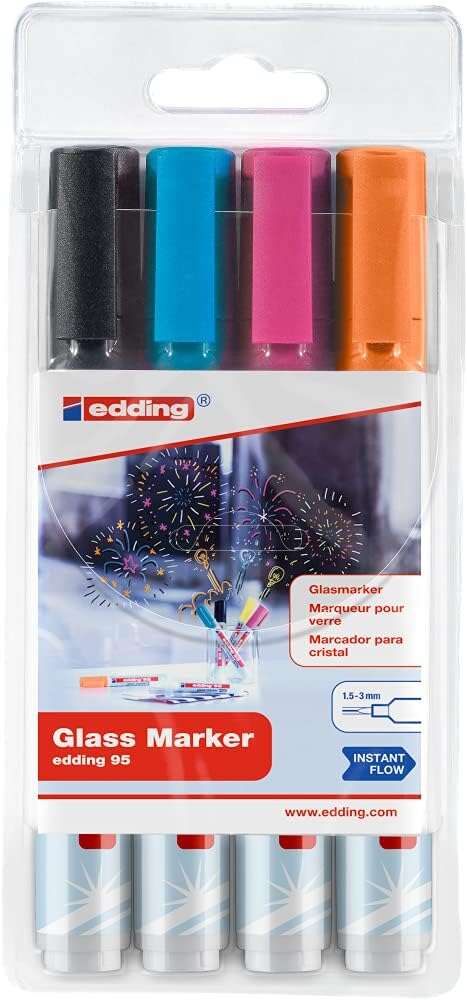 Edding 95 Pack de 4 Rotuladores para Cristal - Punta Redonda - Trazo 1.5-3mm - Colores Negro, Naranja, Rosa y Azul