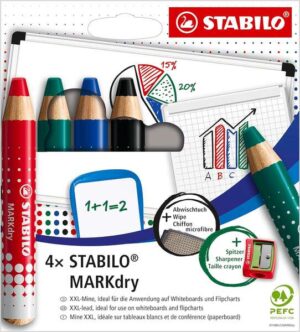 Stabilo MARKdry Pack de 4 Marcadores para Pizarra + Sacapuntas + Paño de Limpieza - Mina XXL de 10mm - Madera 100% Certificada PRFC - Colores Azul, Verde, Rojo y Negro