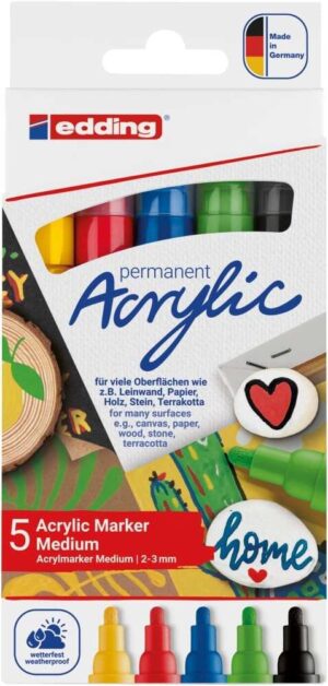 Edding 5100 Acrylic Pack de 5 Rotuladores Permanentes Acrilicos - Punta Redonda 2-3mm - Trazo Medio - Resistente a la Luz - Secado Rapido - Colores Surtidos