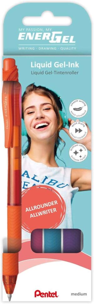 Pentel EnerGel X Pack de 4 Boligrafos de Bola Retractiles Tinta Gel - Punta 0.7mm - Trazo 0.35mm - Recargable - Grip de Agarre - 50% de Materiales Reciclados - Colores Fantasia Surtidos