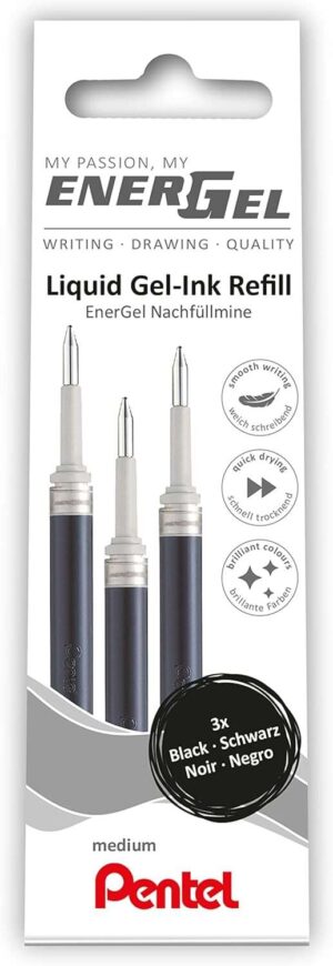 Pentel EnerGel X Pack de 3 Recambios para BL57, BL77, BL107, BL117, BL407, BL2007, BL2507 - Color Negro