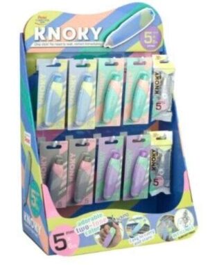 Pentel Knoky Expositor de 48 Cintas Correctoras 5mm x 6m + 12 Recambios - Mecanismo de Presion - Forma Ergonomica - Recargable - Colores Surtidos