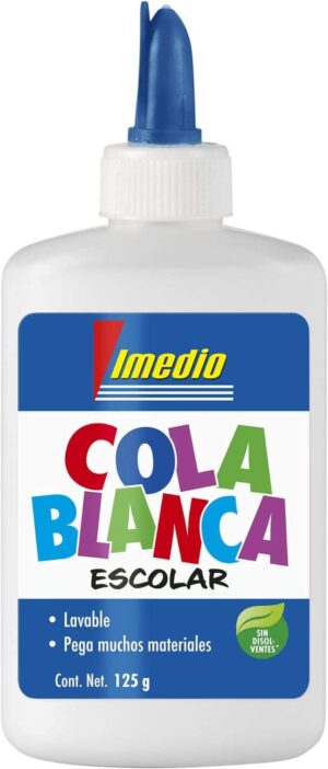 Imedio Cola Blanca Escolar 125gr - Sin Disolventes - Bote Blando Ideal para Niños - Con Espatula Incorporada