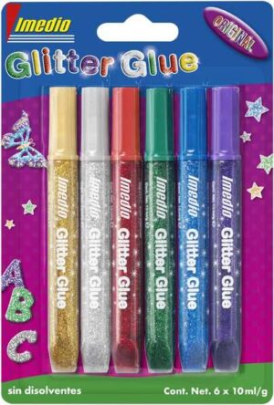 Imedio Glitter Glue "Original" Pack de 6 Tubos de Pegamento con Brillantina 10ml - Para Distintos Materiales - Tubo Extrablando - Boquilla de Precision - Sin Disolventes - Colores Surtidos