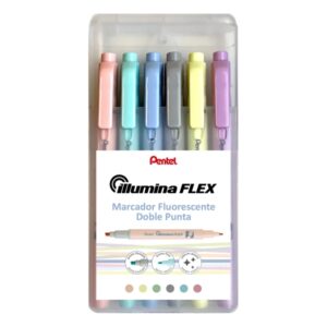 Pentel Illumina Flex Pack de 6 Marcadores Fluorescentes Doble Punta - Biselada Trazo entre 1.5 a 3.5mm - Conica Trazo 1mm - Colores Amarillo, Gris, Melocoton, Violeta, Verde Turquesa y Azul