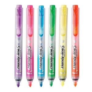 Pentel Handy Line S Pack de 6 Marcadores Fluorescentes Retractiles - Tinta Liquida - Trazo de 1.6 a 3mm - Formato Fino con Clip - Colores Amarillo, Naranja, Fucsia, Violeta, Verde y Azul